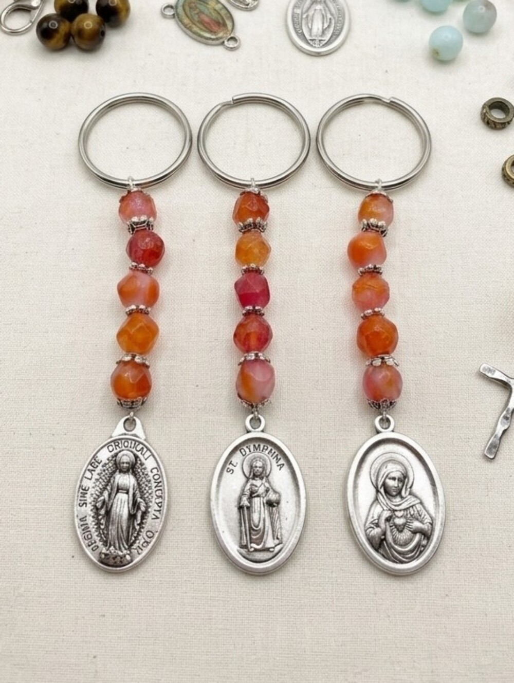 Rhodochrosite Beaded Religious Medal Keychain
